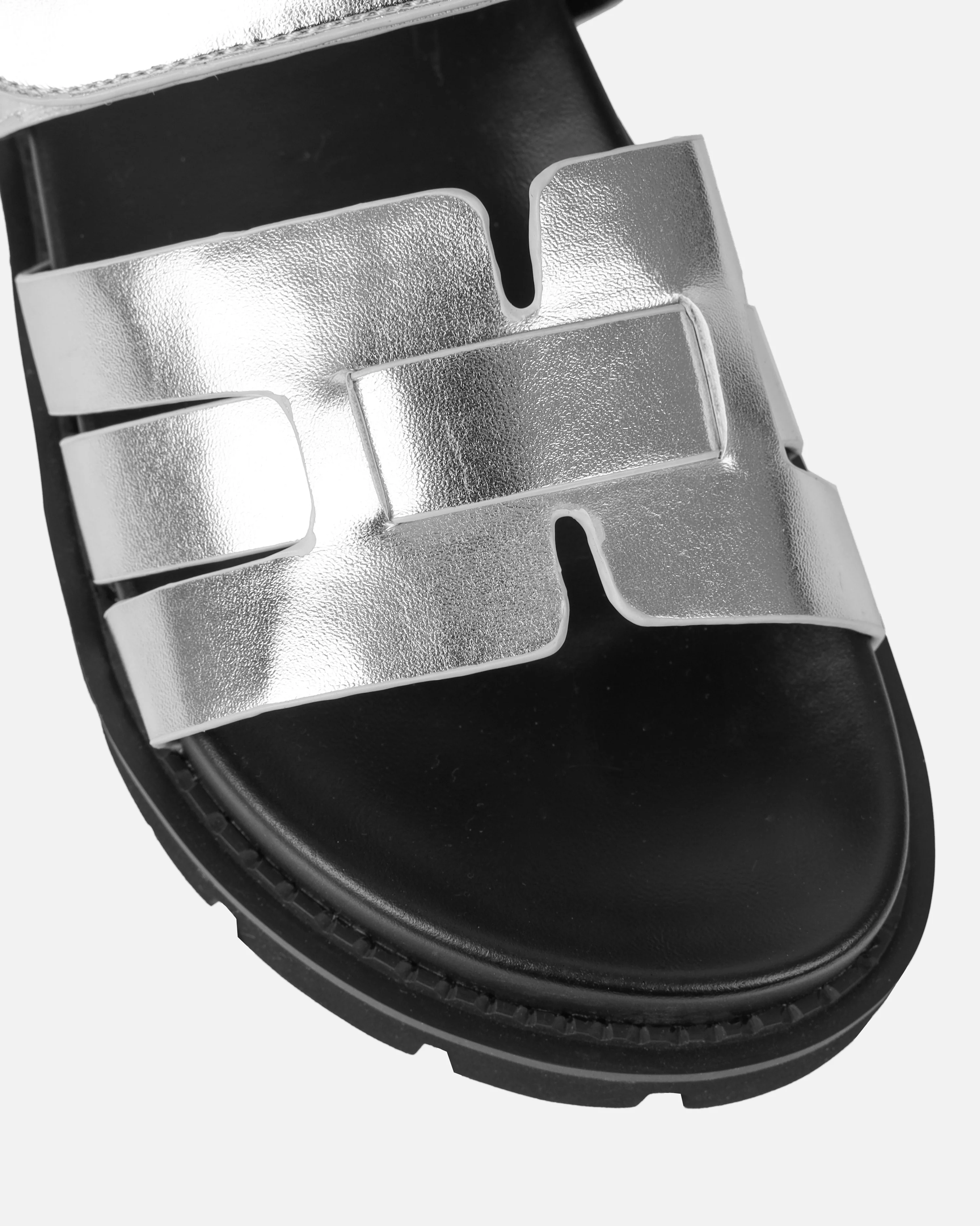Adelle Silver Chunky Velcro Strap Flat Sandals - Image 4