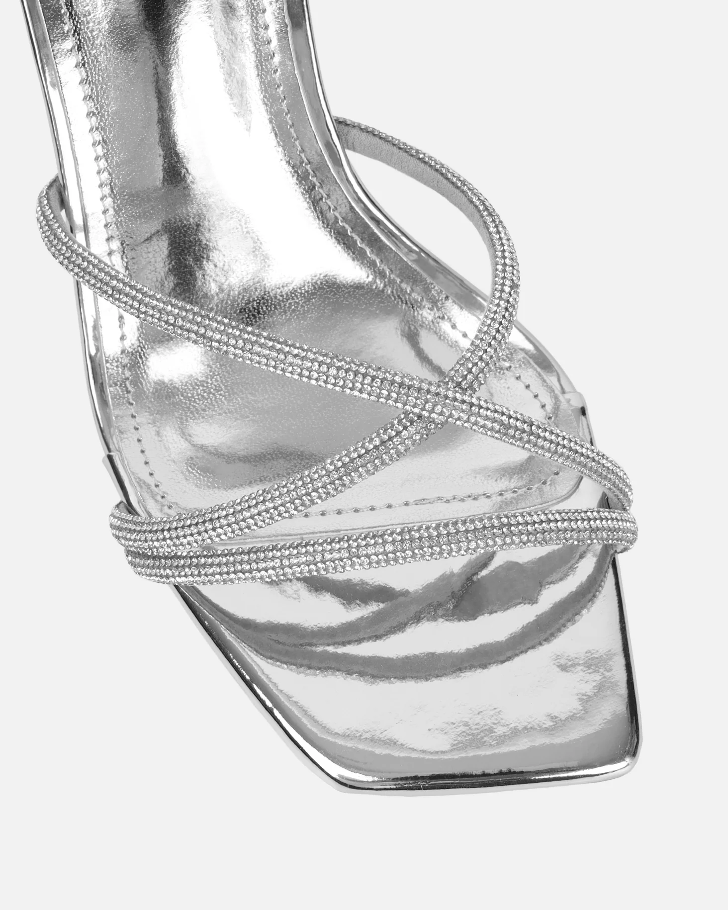 Aubria Silver Mirror Diamante Mid Heeled Sandals - Image 4