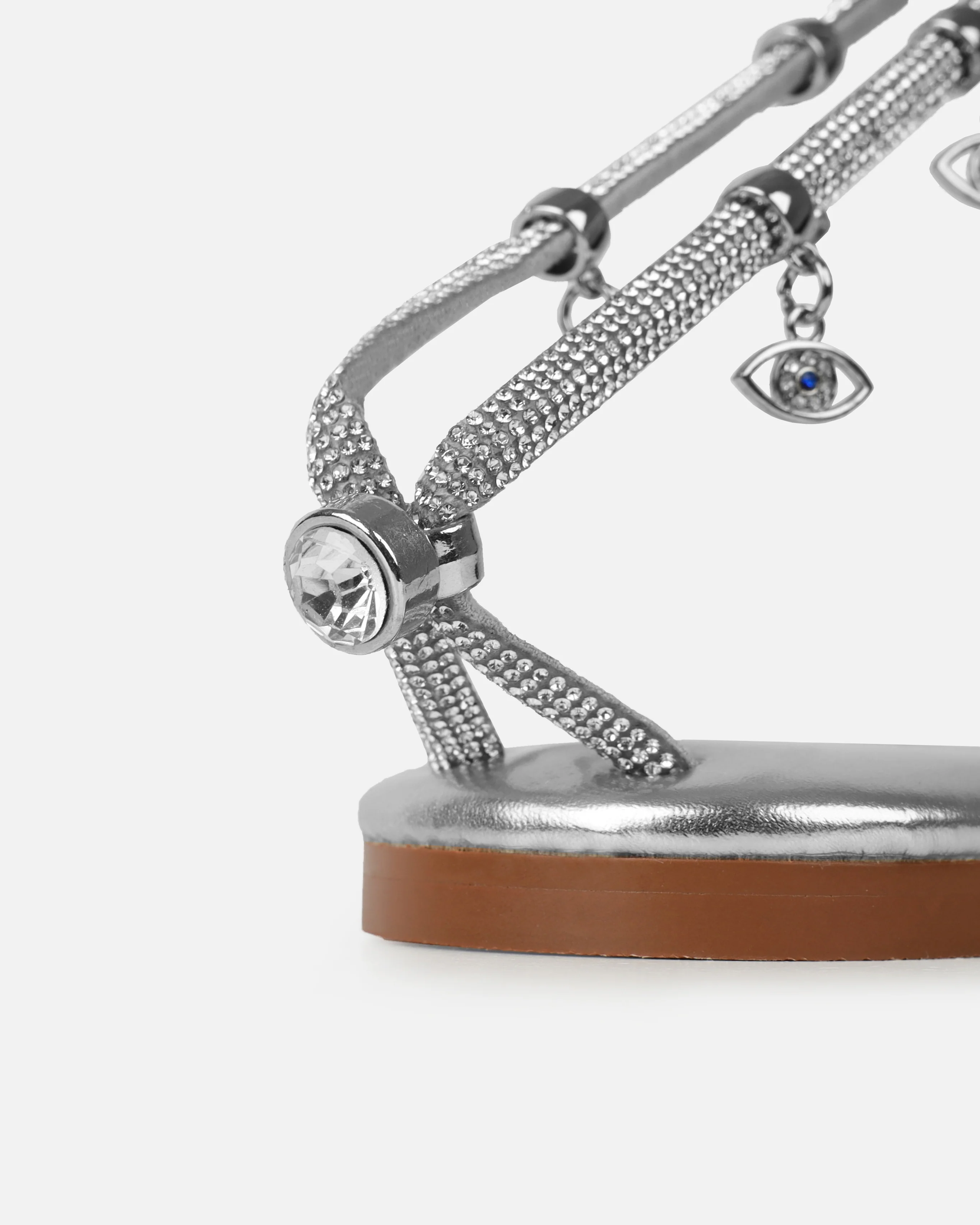Dakoa Silver Metallic Evil Eye Charm Flat Sandals - Image 3