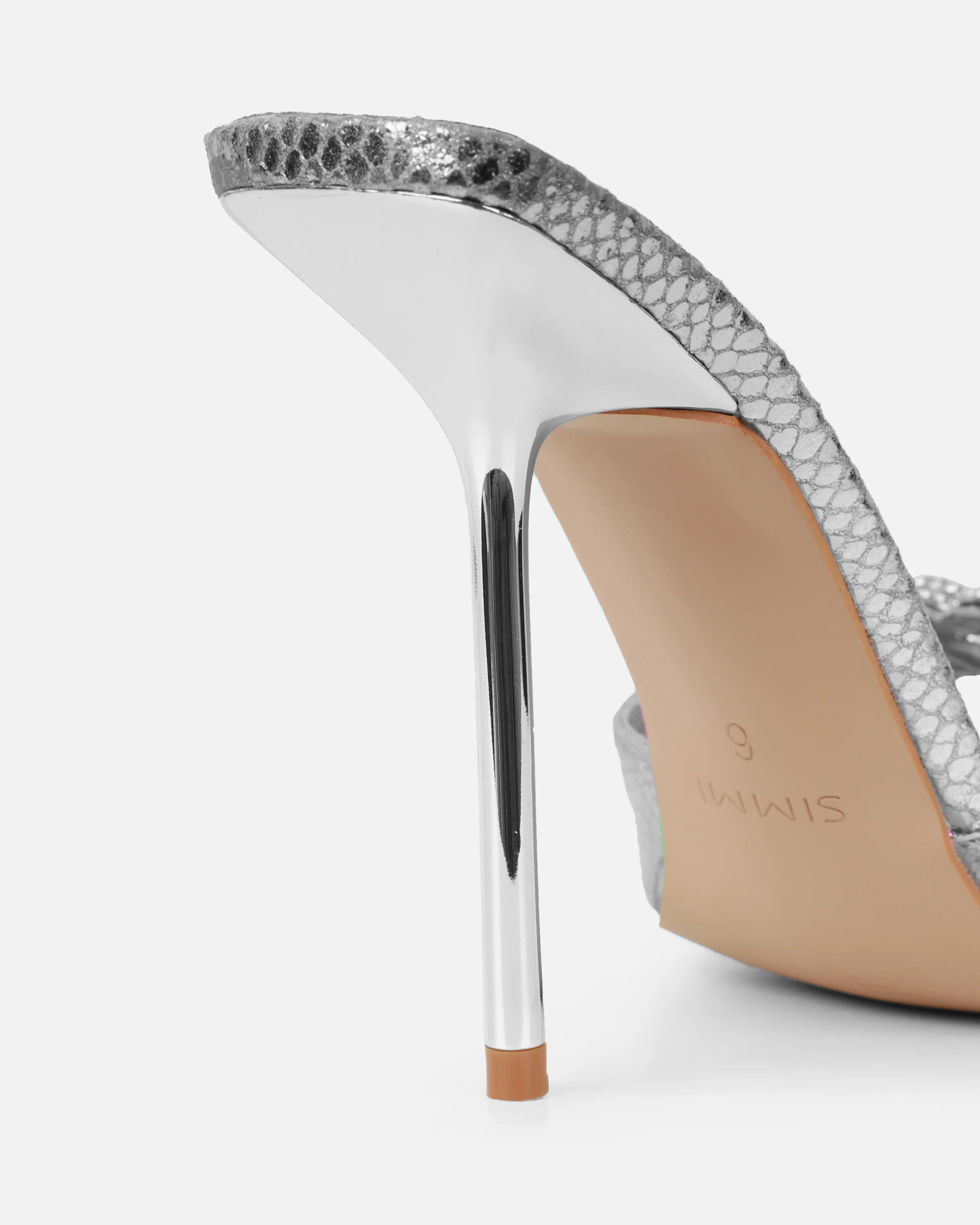 Phoeniz Silver Metallic Snake Heart Diamante Mules - Image 3