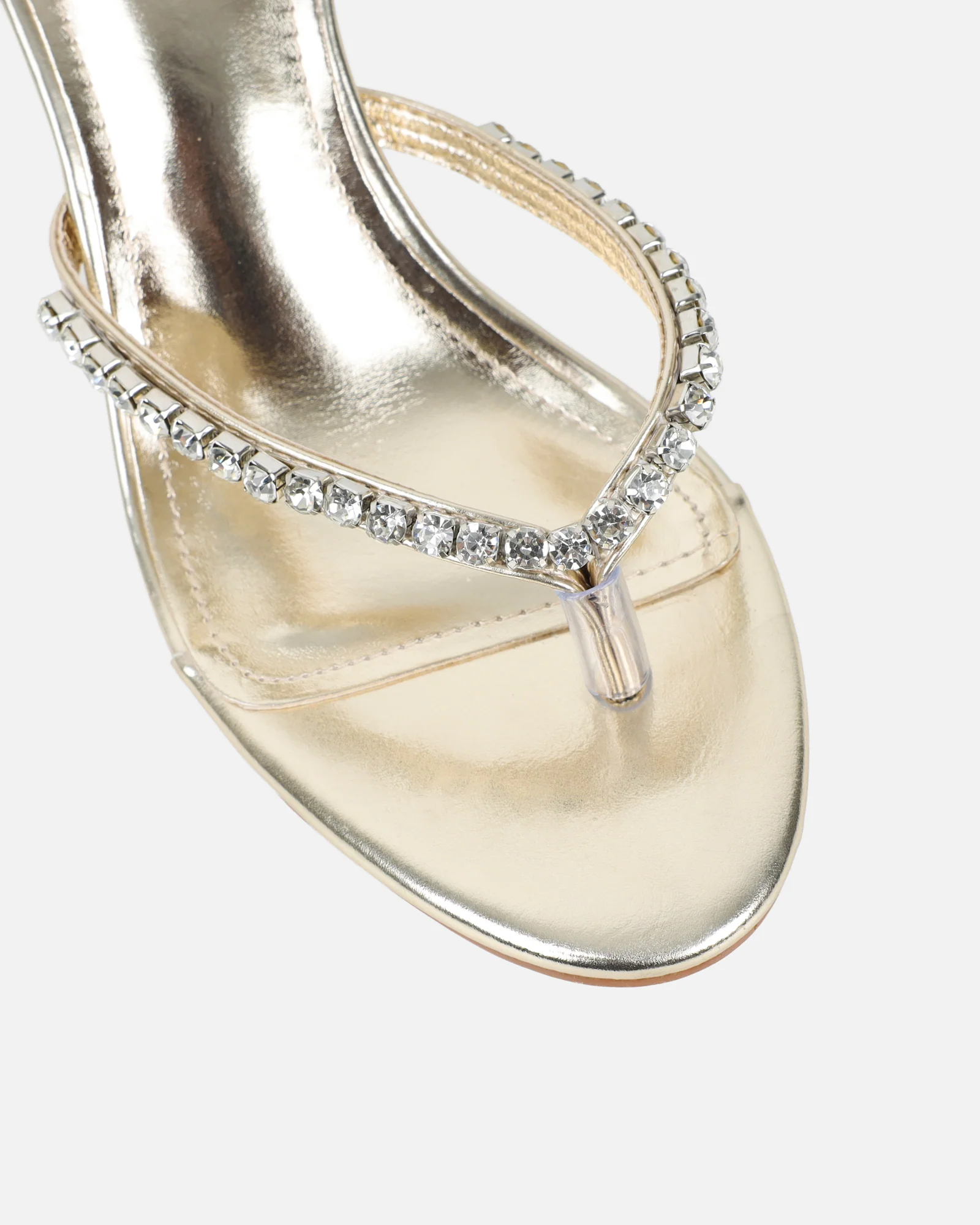 Sheen Gold Metallic Diamante Toe Thong Heeled Sandals - Image 4